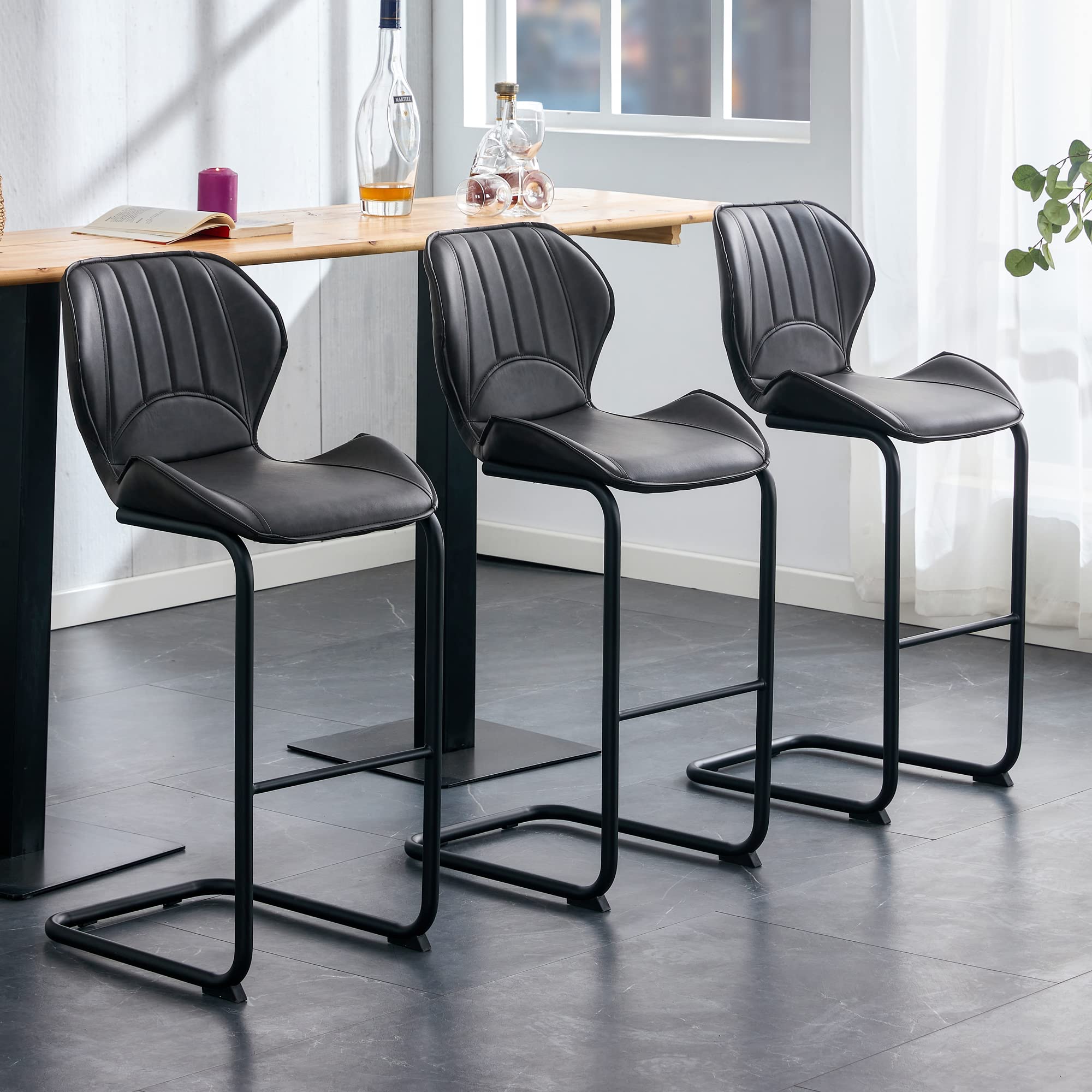 Modern Leather Bar Stools Set of 4 with Backrest & Footrest - Kitchen Counter Stools for Home, Bar, Restaurant - Comfortable Seating for Office, Study, Balcony & Courtyard (Dark Brown) - Perfect for Entertaining, Dining & Relaxing
