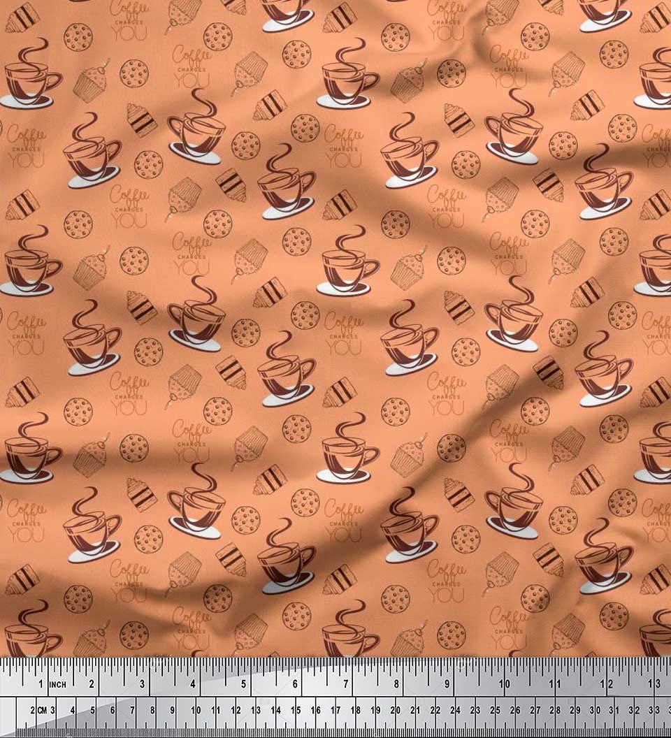 **Soimoi 100% Cotton Poplin Fabric - Orange Coffee Cupcake Print - 42 Inch Wide by The Yard - Soft Textile for Dresses, Curtains, DIY Crafts & Home Decor**    *(Use for sewing apparel, quilting, tablecloths, pillow covers, and handmade gifts)*