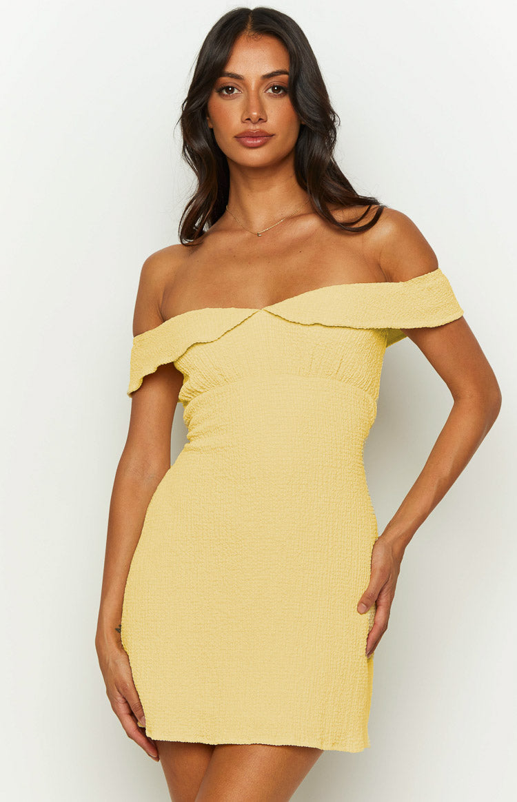 Yellow Off Shoulder Mini Dress - Flowy Summer Party Dress for Women, Beach Vacation, Date Night & Casual Outings