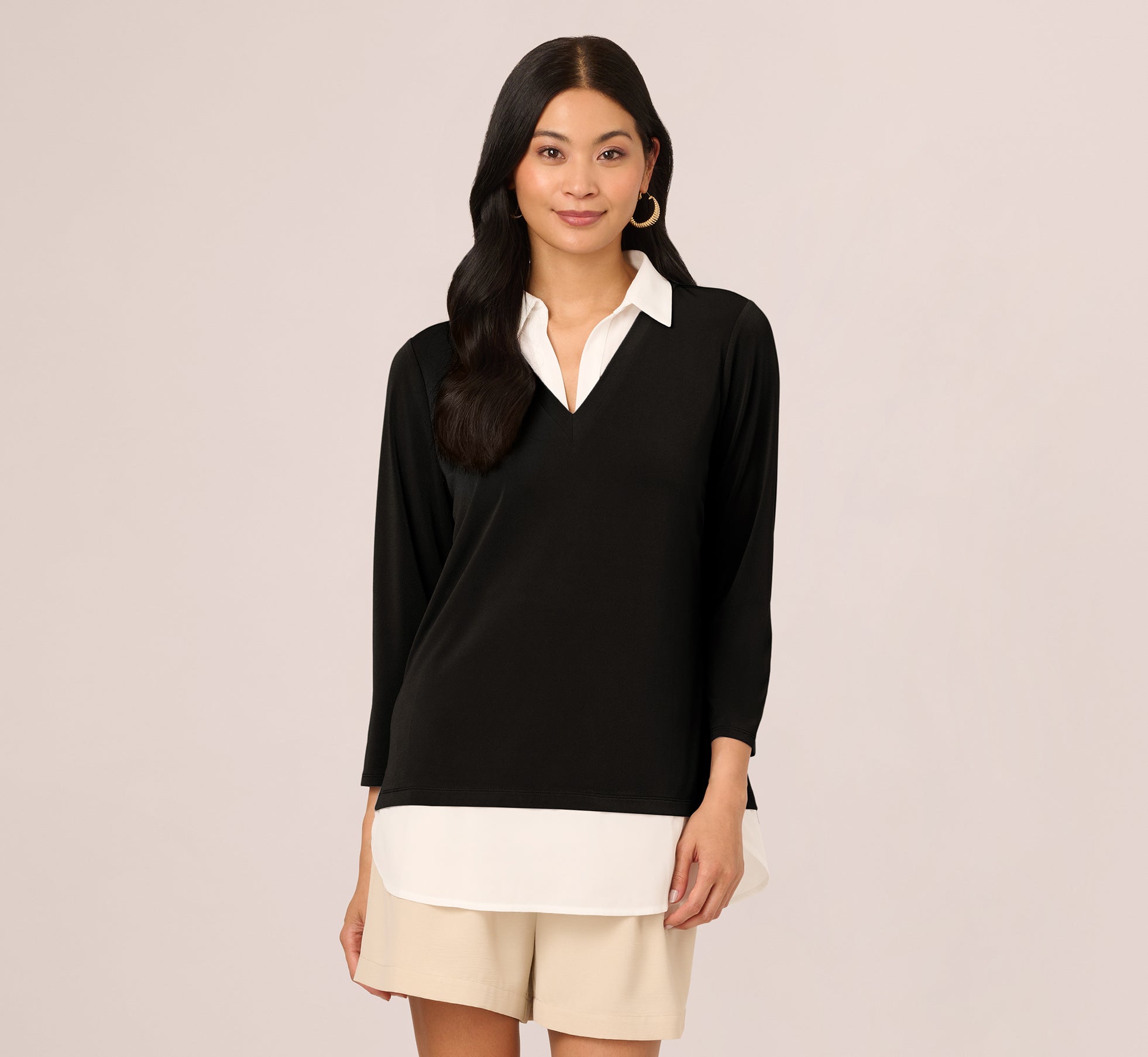 Stylish Black & Ivory Three-Quarter Sleeve Collared Twofer Sweater for Women | Perfect for Office Wear & Casual Outfits | Fall & Winter Fashion