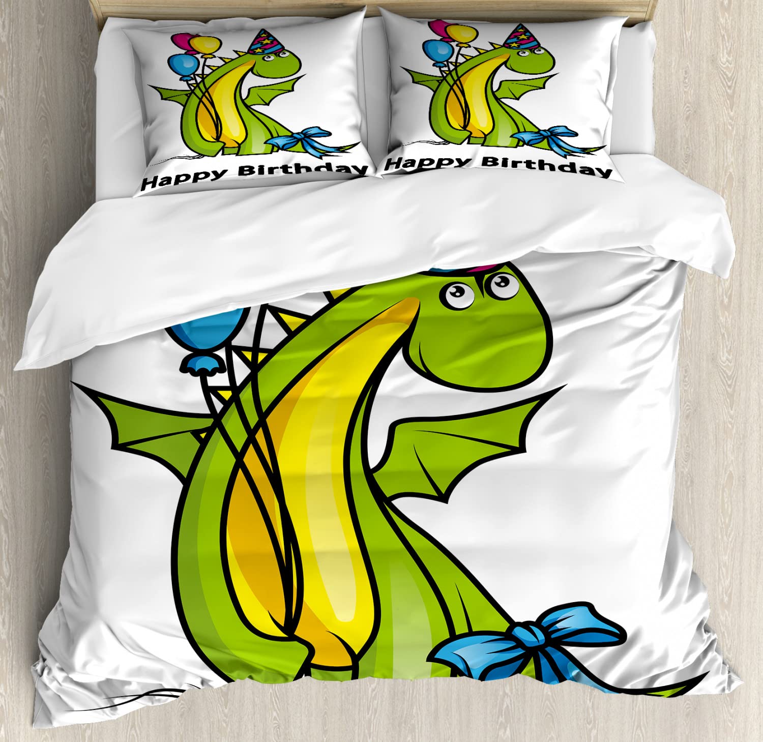 Dinosaur Themed Duvet Cover Set for Kids Birthday Party - 2 Pack Cal King Size with 4 Pillowcases | Fern Green & Yellow Balloon Print Bedding | Perfect for Nursery, Kids Room Decor and Themed Sleepovers