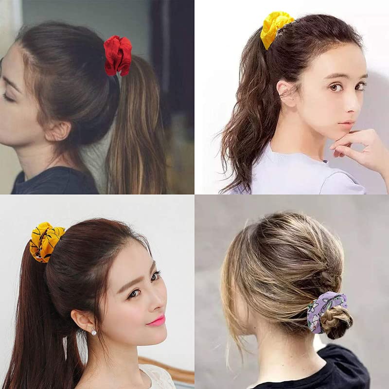Staila 5-Piece Chiffon Flower Headbands & 5-Piece Satin Hair Scrunchies Set - Soft Elastic Hair Ties for Women & Girls (10-Pack) - Perfect for School, Work, Parties & Everyday Hair Accessories