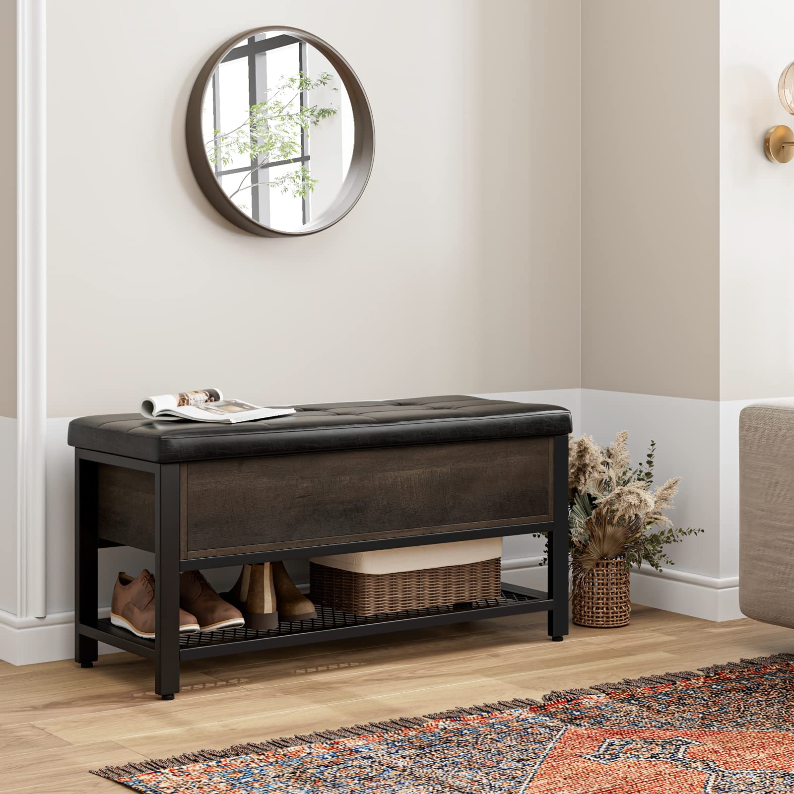 HOSTACK Storage Bench with Flip-Open Lid - Dark Brown Entryway Shoe Bench, Bedroom Ottoman with Storage Shelf & Padded Seat - Perfect for Hallway, Living Room & End of Bed Organization