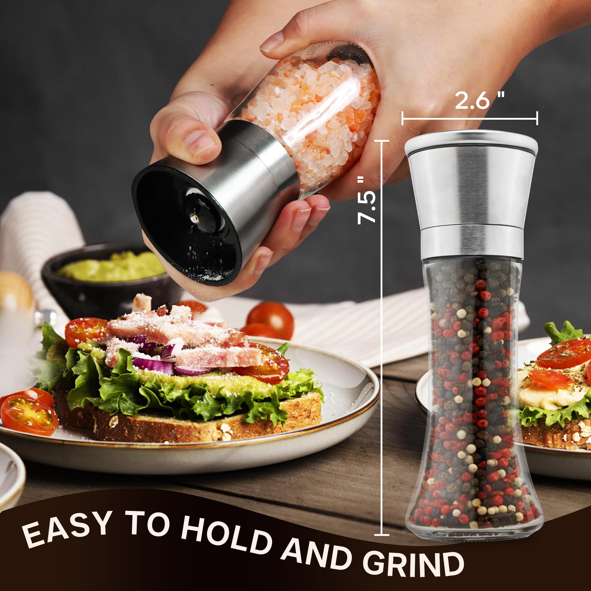 Premium Salt and Pepper Grinder Set - Adjustable Coarseness, Refillable Manual Mill with Stainless Steel Lid & Glass Body - Perfect for Home Kitchen, Dining Table, BBQ, and Restaurant Use