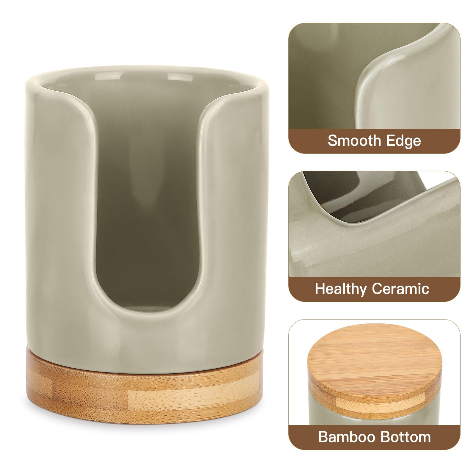 Soleebee Ceramic Mouthwash Cup Dispenser with Bamboo Base - Holds 3 oz Disposable Paper Cups for Bathroom, Dental Office & Home Use - Beige
