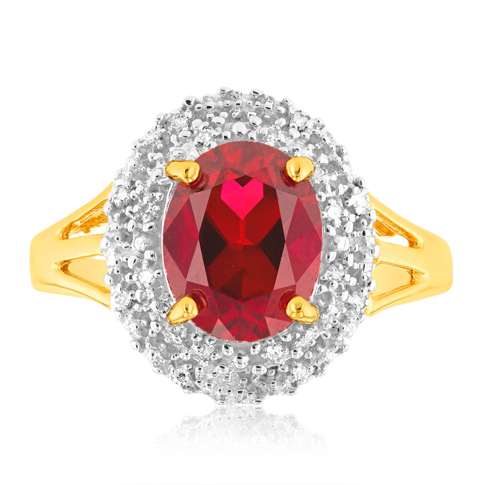 9ct Yellow Gold 8x10mm Lab-Created Ruby and Diamond Halo Ring for Women - Elegant Engagement, Anniversary or Gift Jewelry for Her