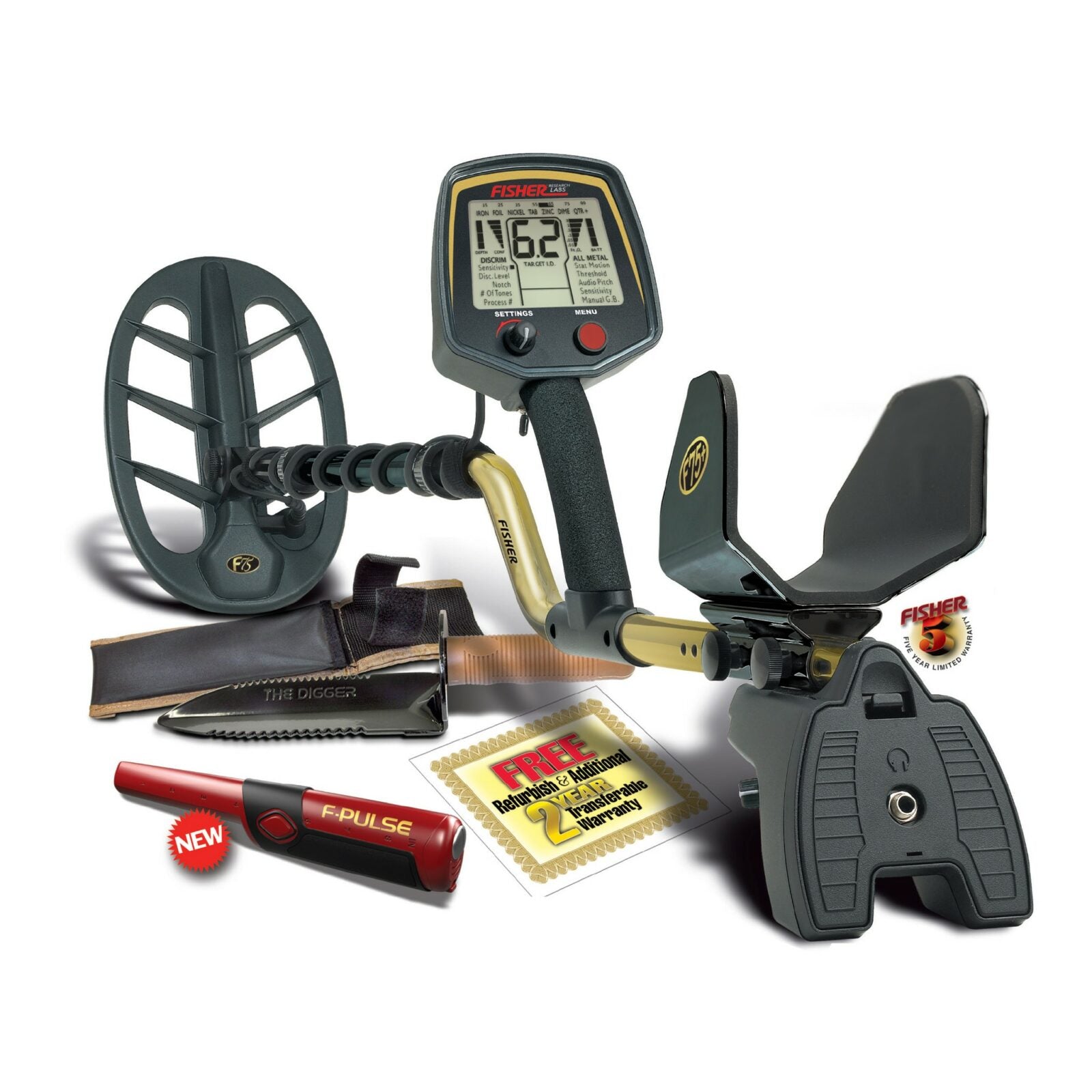 Fisher F75+ Metal Detector with F Pulse Pinpointer & Digger Tool - Professional Gold & Coin Detector for Beach, Park & Treasure Hunting Adventures