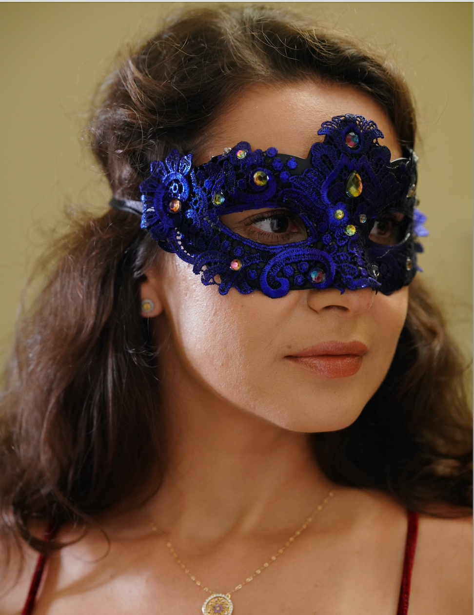 Elegant Blue Brocade Face Mask - Breathable & Stylish for Daily Wear, Parties, and Special Occasions
