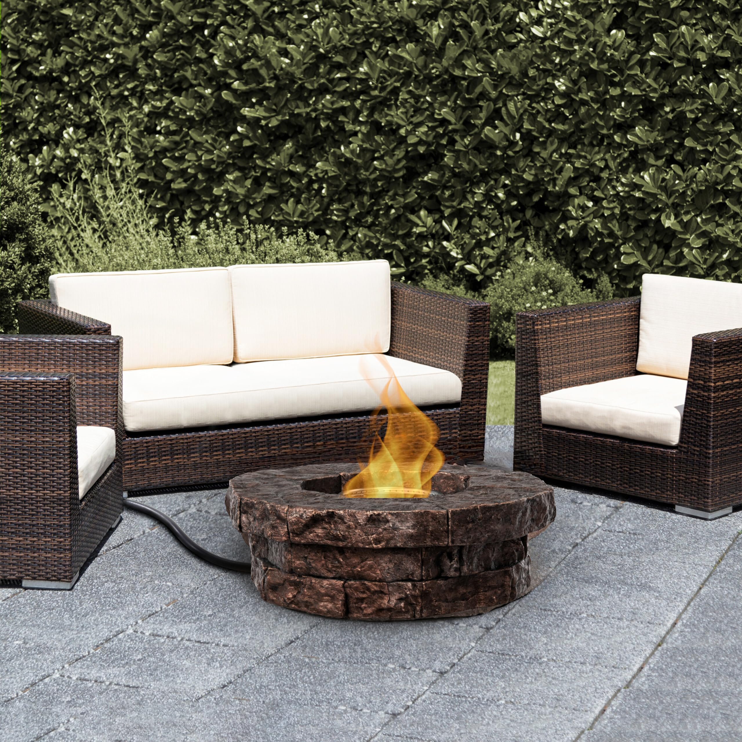 Teamson Home 37.01 Inch Round Outdoor Propane Gas Fire Pit - Faux Stone Finish with Gas Regulator & Weatherproof PVC Cover - Perfect for Patio, Backyard, Garden, or Tailgating Gatherings - Easy Cleanup & Durable Brown Design