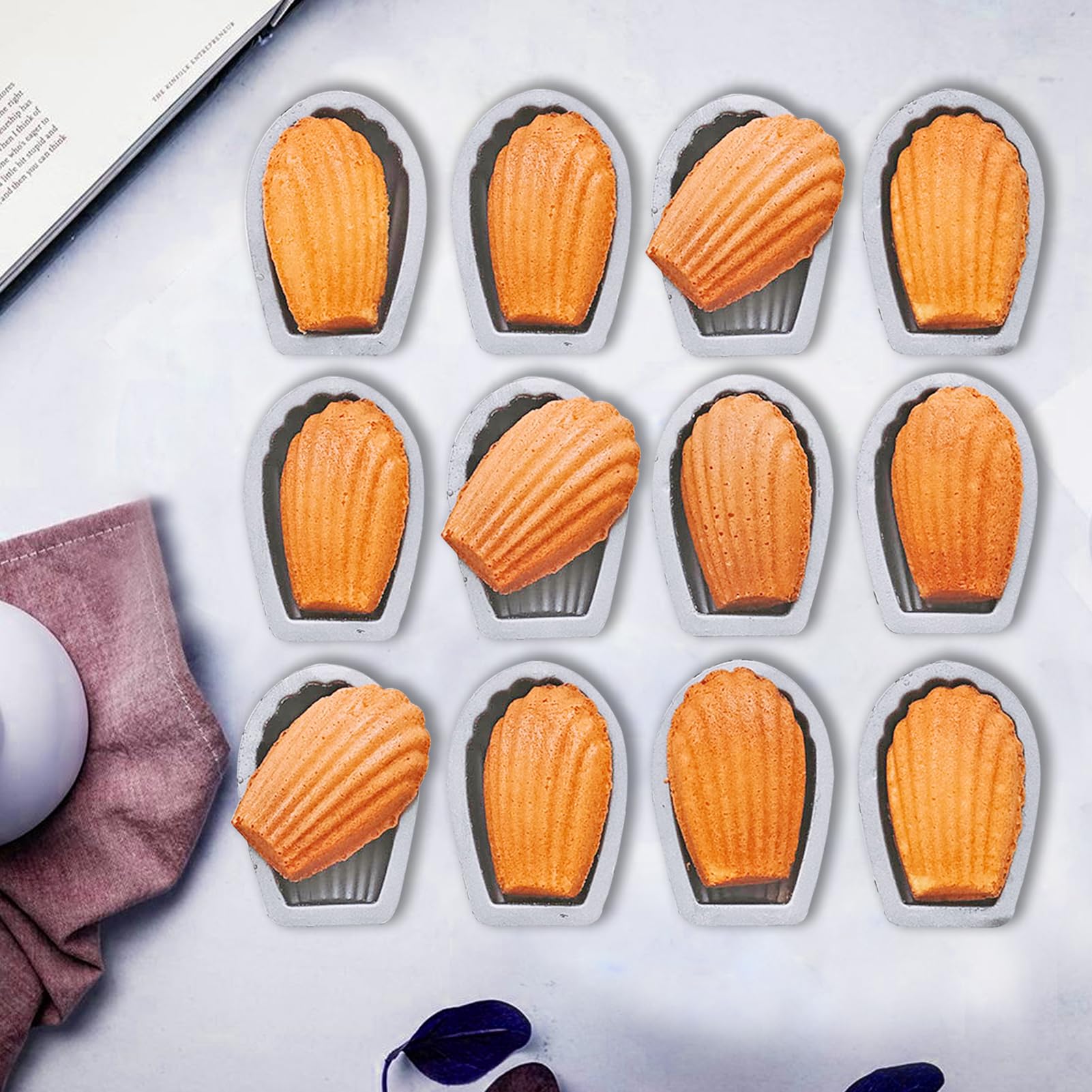 12-Piece Madeleine Baking Pans Set - Non-Stick Madeleine Mold for Chocolate, Biscuit, Cake, Cookie & Cheesecake - Perfect for French Pastries, Tea Cakes & Holiday Desserts