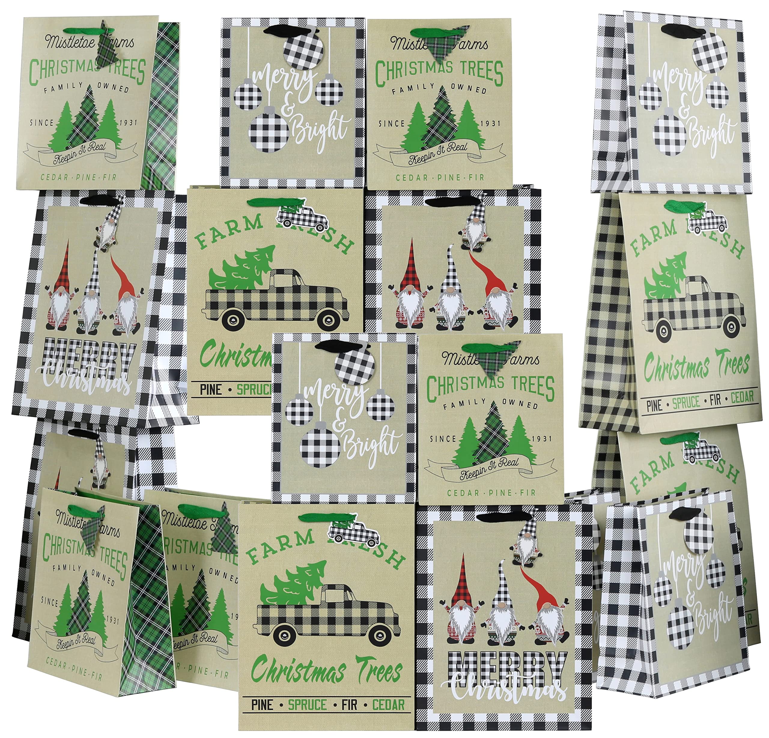 Iconikal Christmas Gift Bags - 24 Pack Buffalo Plaid Holiday Party Favor Bags for Xmas Presents, Stocking Stuffers & Festive Decorations