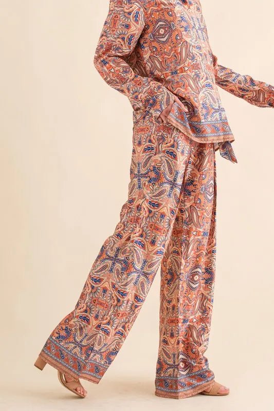 Women's Satin Paisley Print High-Waist Ribbon Pants - Elegant Lounge Pants for Home, Office & Special Occasions