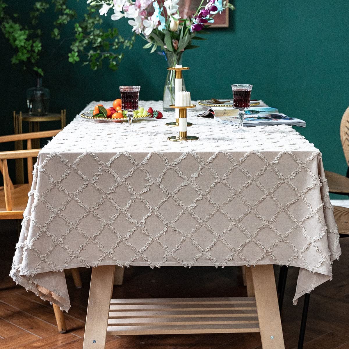 Premium Cotton Linen Tablecloth - Wrinkle & Fade Resistant Rectangle Table Cover for Kitchen, Dining, Party | Washable & Embroidered Decor | Perfect for Holiday Gatherings, Dinner Parties & Everyday Use (Khaki)