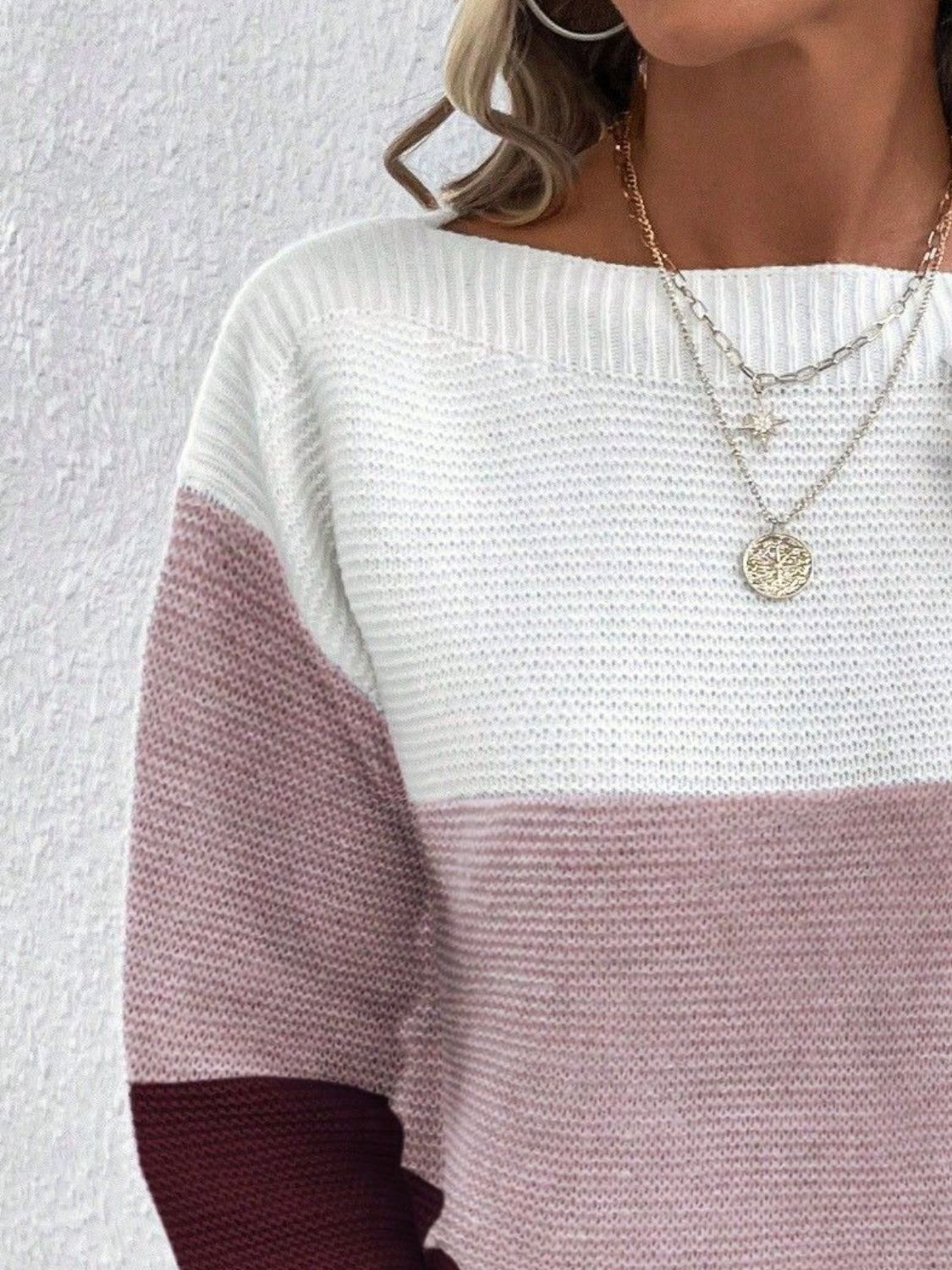Stylish Color Block Boat Neck Sweater for Women | Trendy Knit Pullover | Perfect for Fall Layering & Casual Outfits