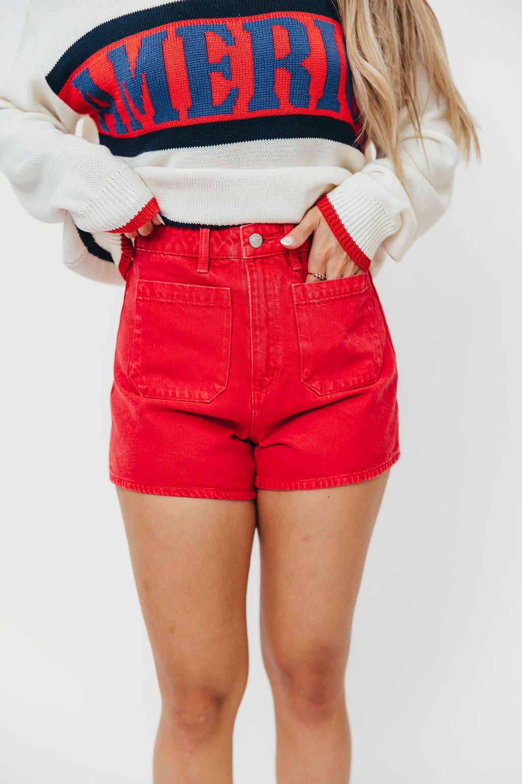 ROLLAS Mirage Women's Red High Waisted Denim Shorts with Sailor Pockets - Perfect for Summer Outfits, Beach Vacations & Casual Street Style