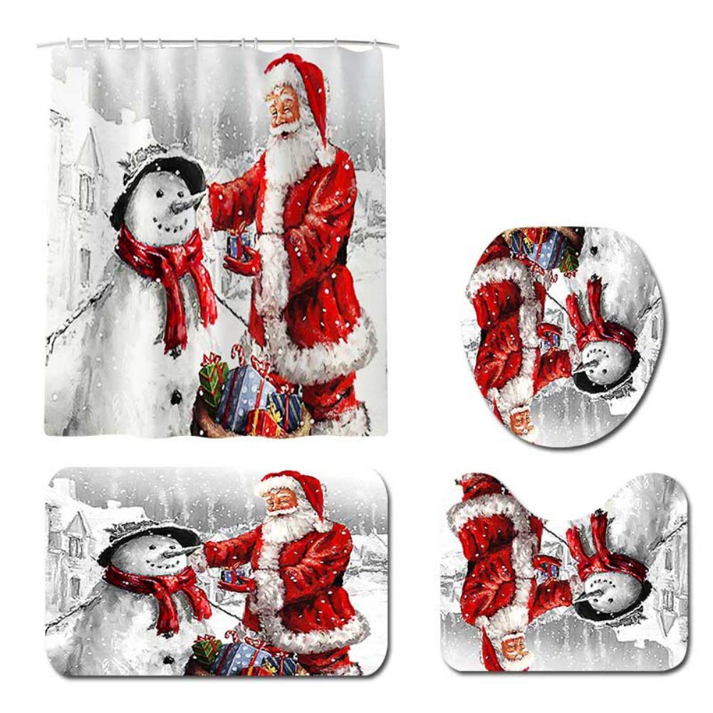 Biowlucn Christmas Santa Claus & Snowman Shower Curtain with Matching Bath Mat Set - Waterproof Holiday Bathroom Decor for Toilet, Shower & Floor - Perfect for Christmas Home Decor & Gift Giving