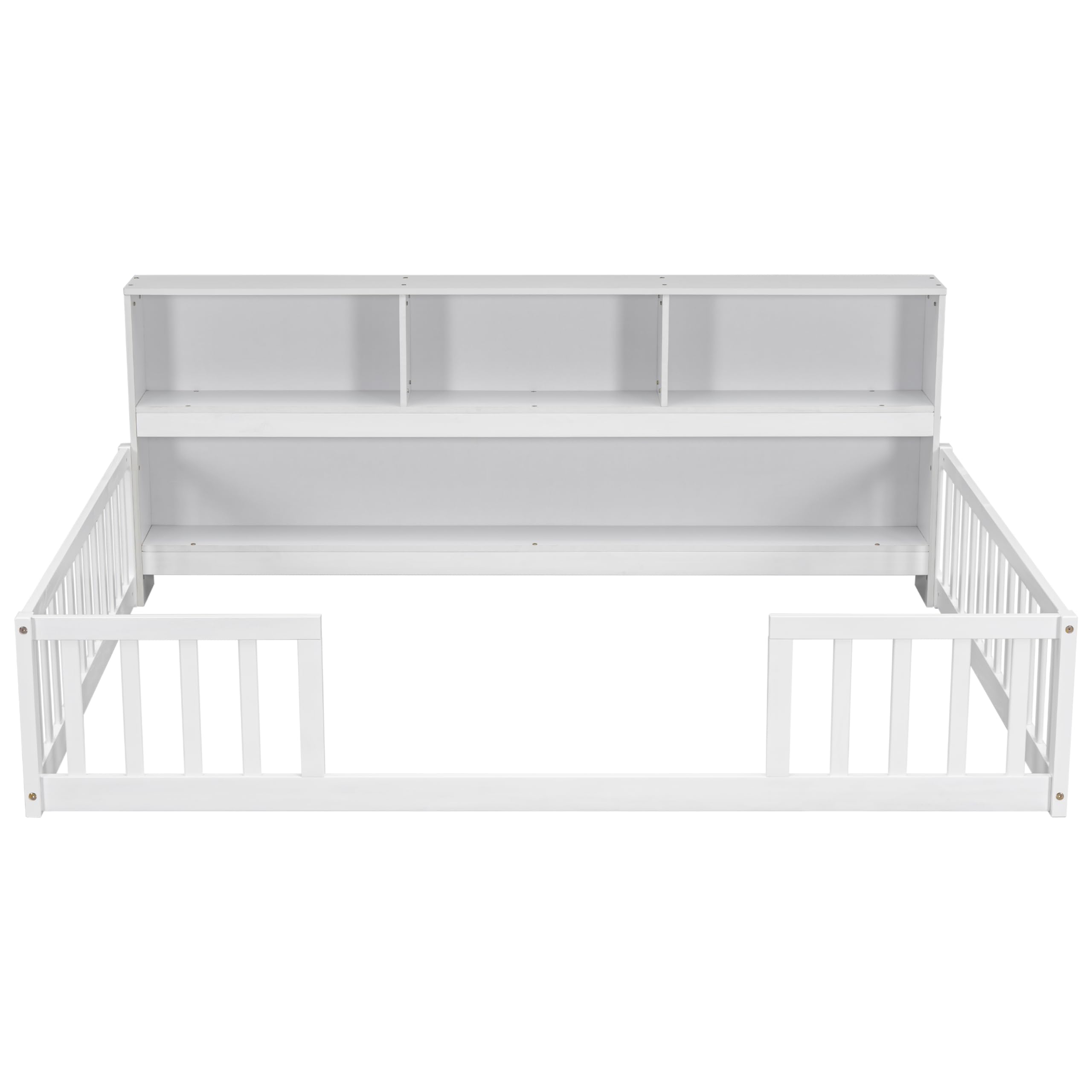 Full Size Floor Bed with Bedside Bookcase & Shelves - Multifunctional Wooden Platform Bed with Guardrails & Storage Headboard - Low Profile Kids & Teens Bed (White) - Perfect for Small Rooms, Dormitories & Cozy Bedrooms