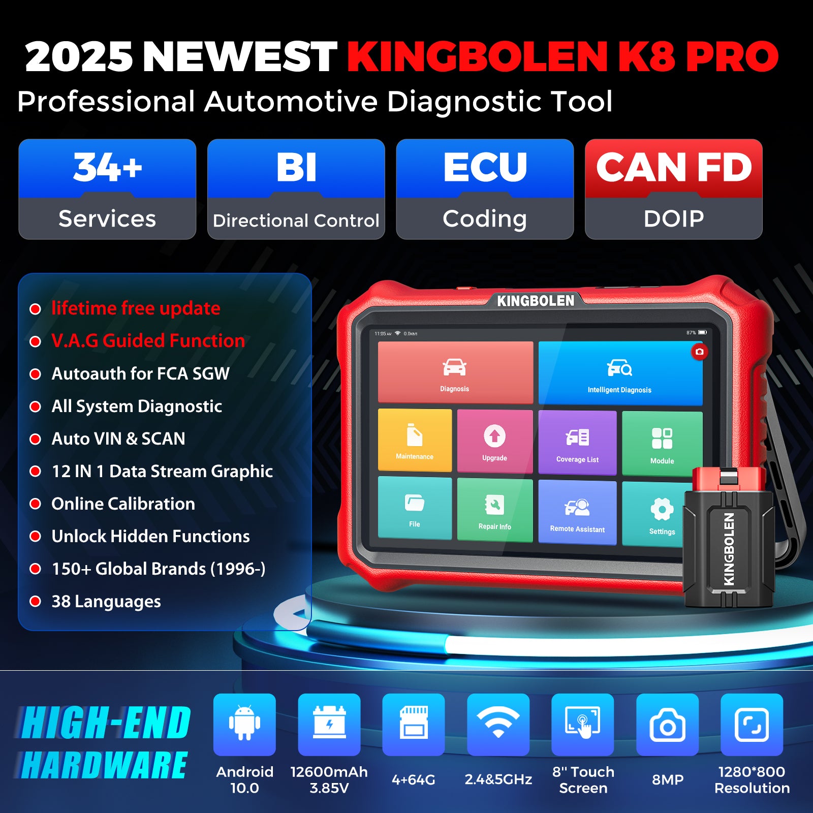 KINGBOLEN K8 PRO OE Level Car Diagnostic Scanner Tool - Bluetooth 8 Wireless OBD2 Scanner with Lifetime Free Updates, ECU Coding, Bi-Directional Control, 34+ Reset Functions, CANFD & DOIP Support, FCA AutoAuth - Perfect for Professional Mechanics & DIY Car Repair