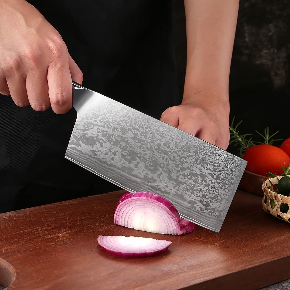 Premium 7-inch Chinese Chef Knife - Damascus Stainless Steel Meat Cleaver & Vegetable Chopper for Professional Cooking | Heavy Duty Kitchen Knife for Slicing, Dicing & Food Prep (DM220613R10Y)