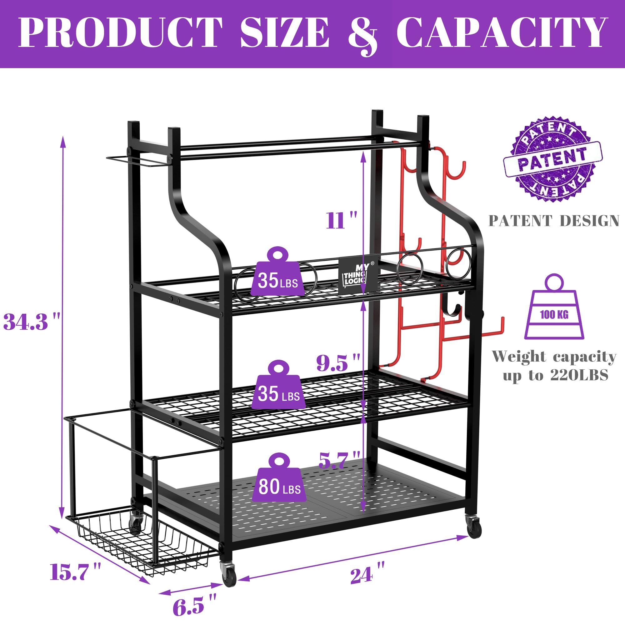 Mythinglogic Yoga Mat Storage Rack - Heavy Duty Home Gym Organizer for Dumbbells, Kettlebells, Foam Rollers, Yoga Straps & Resistance Bands - Space Saving Workout Equipment Storage with Hooks & Wheels - Perfect for Home Gym, Yoga Studio & Fitness Room Organization