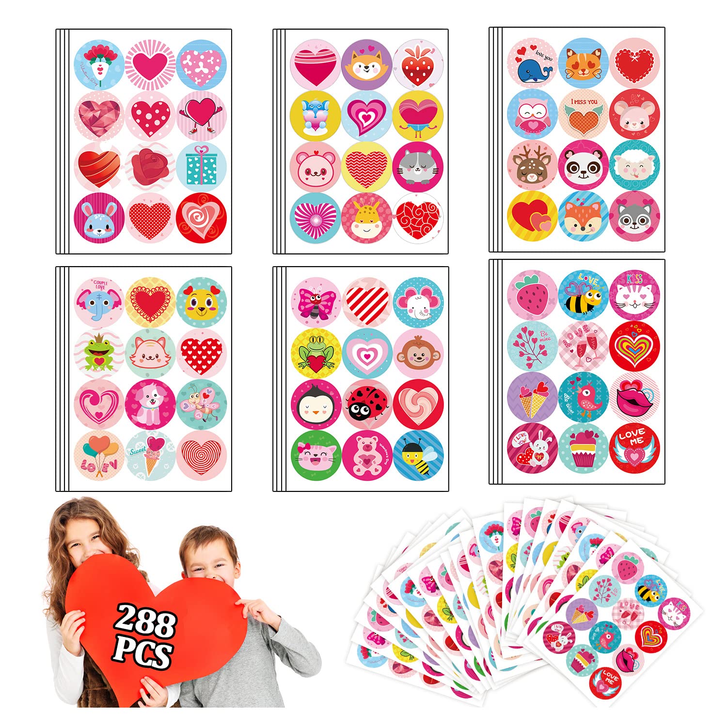 Partywind 24 Sheets Valentine's Day Stickers for Kids - 288 Cute Waterproof Heart Animal Stickers for Classroom Rewards, Goodie Bag Stuffers & Party Favors | Perfect for School Valentine Exchanges, Teacher Prizes & Kids' Craft Projects