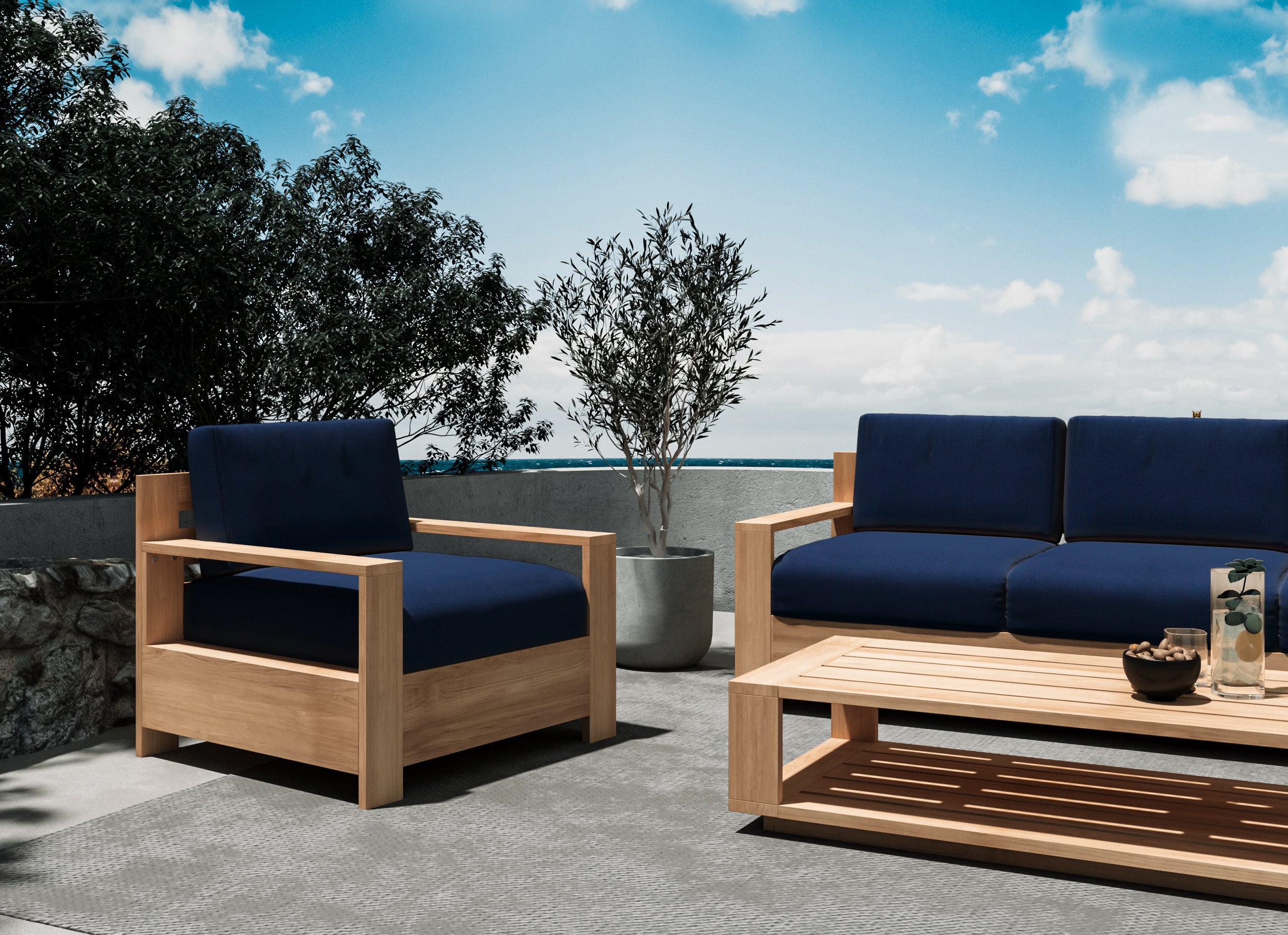 Lothair Teak Outdoor Club Chair with Sunbrella Navy Cushion - Weather-Resistant Patio Furniture for Poolside, Garden & Backyard Relaxation