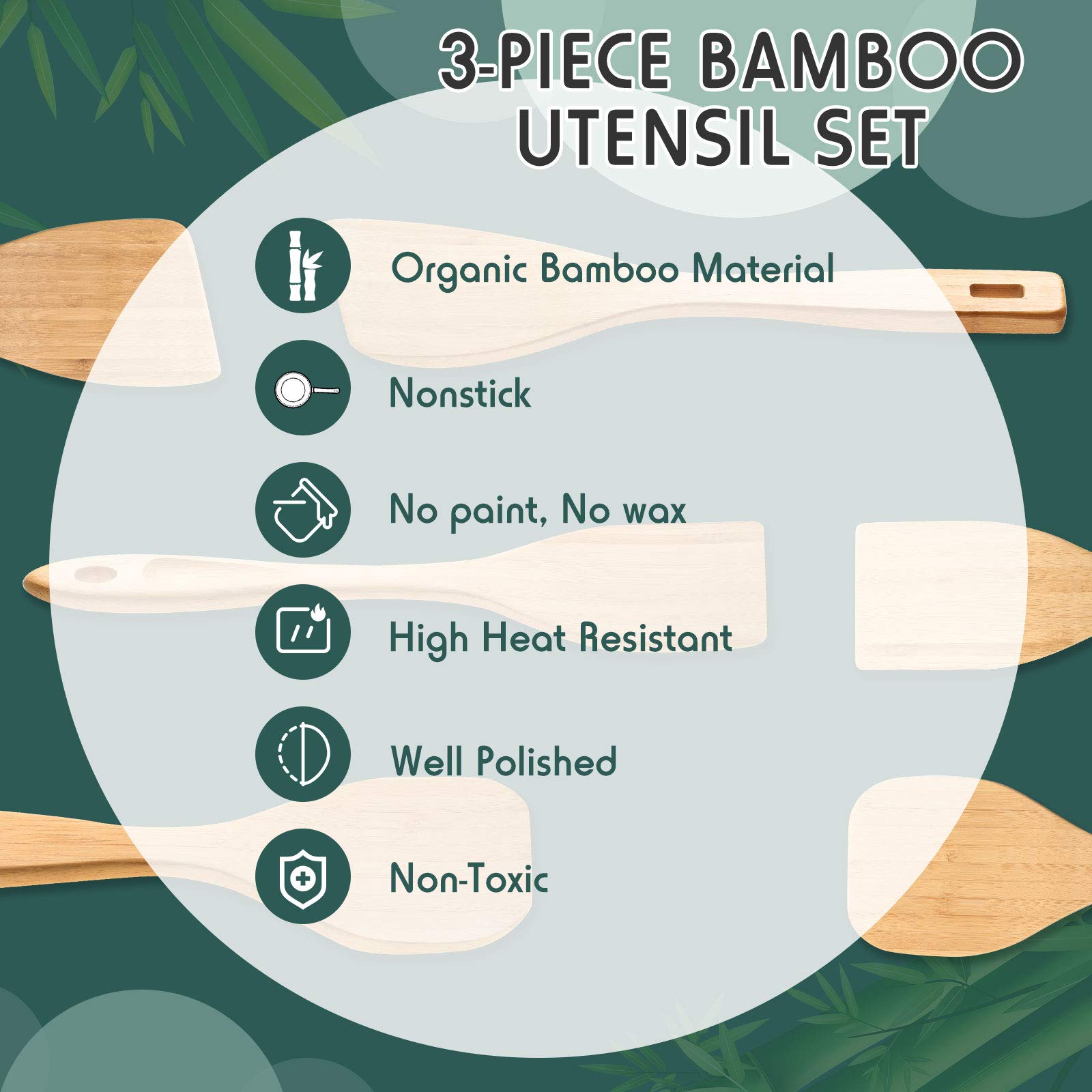Patelai 3-Piece Bamboo Cooking Utensil Set - Heat-Resistant Spatula, Turner & Spoon for Nonstick Cookware | Eco-Friendly Kitchen Tools for Stir-Frying, Flipping & Serving | Perfect for Woks, Pans & Everyday Cooking
