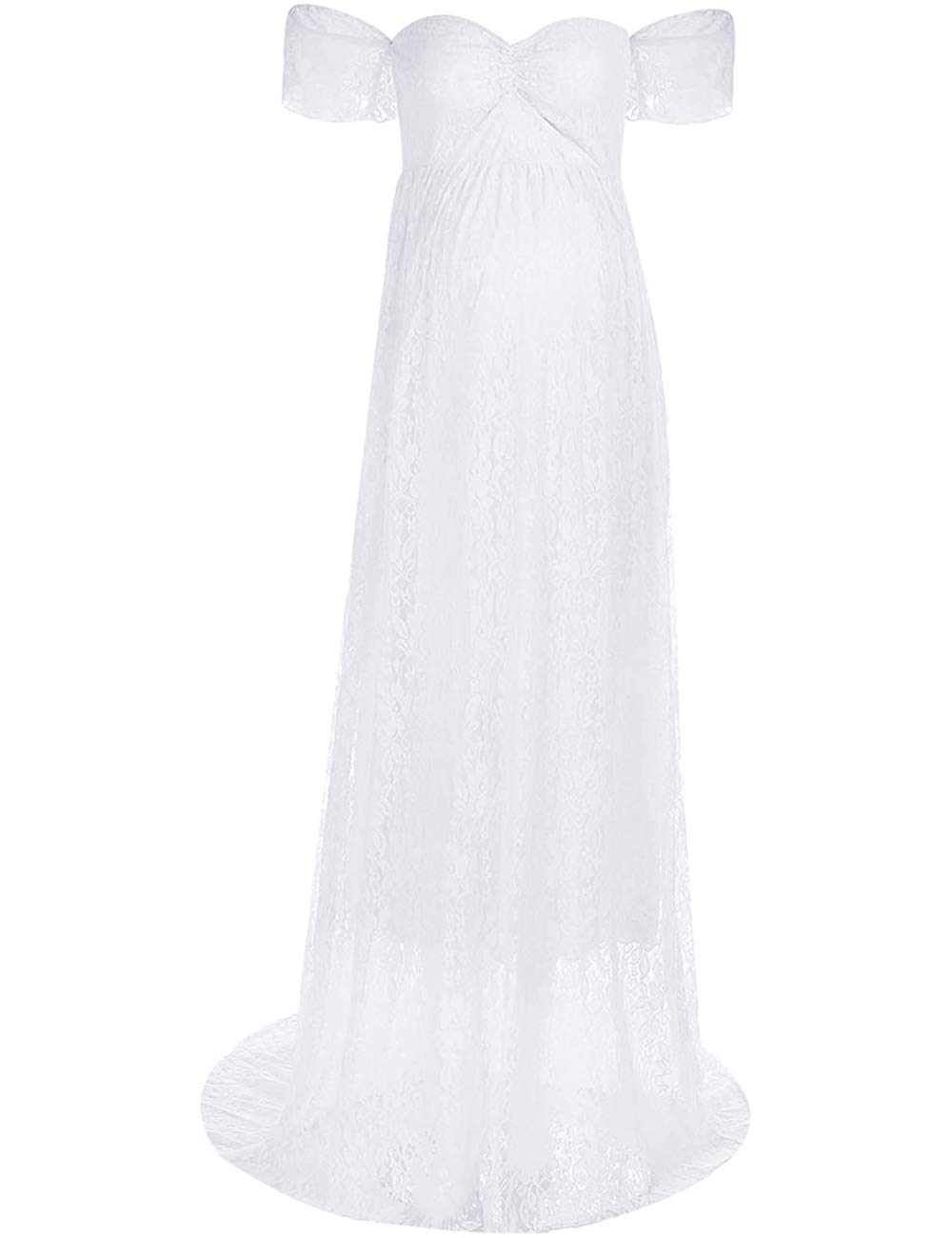 **Elegant Maternity Off-Shoulder Ruffle Sleeve Lace Maxi Dress for Women – Perfect for Photoshoots, Baby Showers & Special Occasions**
