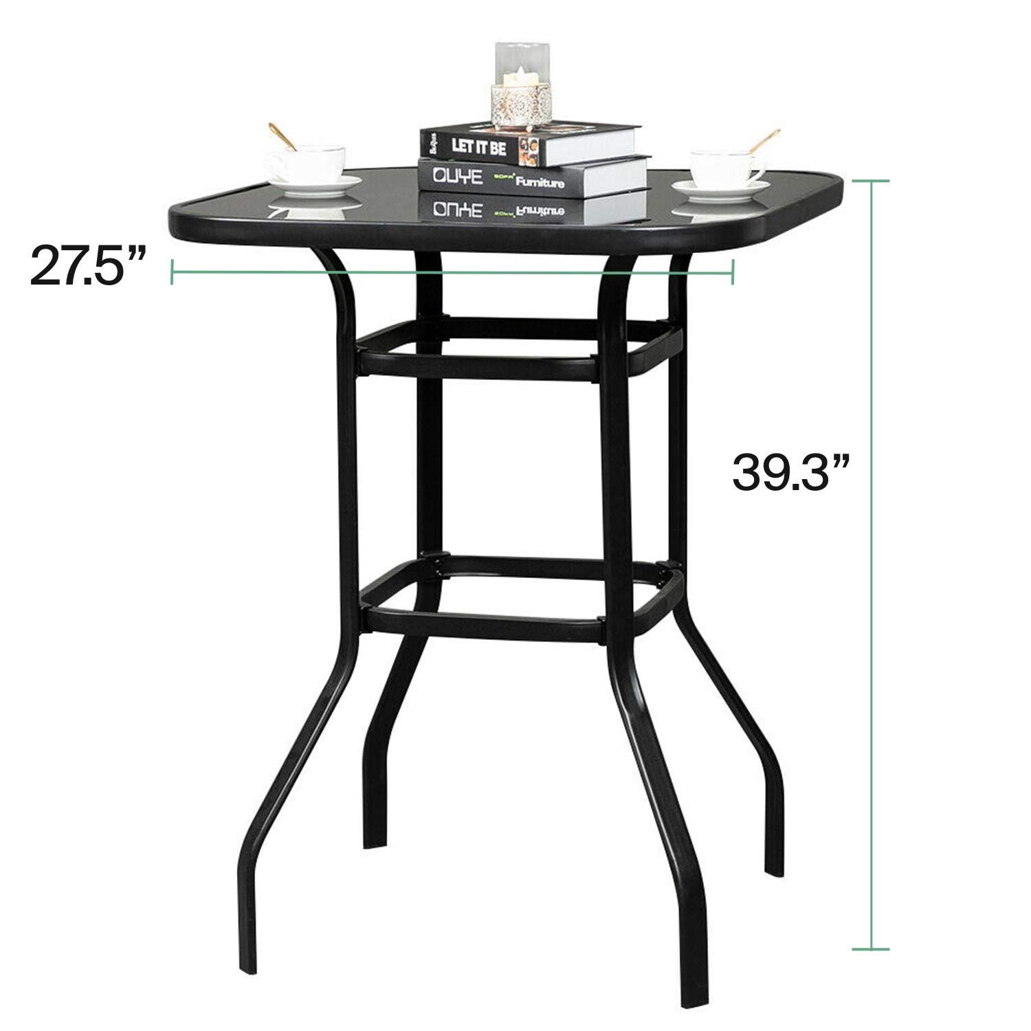 Outdoor Bistro Table - Black Metal Frame & Glass Top for Patio, Poolside, Balcony