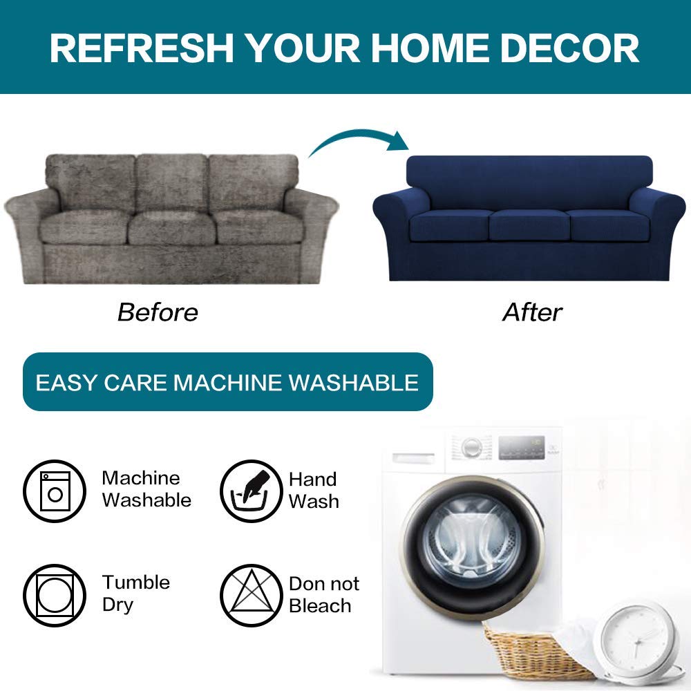 Turquoise Navy Blue 3-Piece Sofa Cover Set - Stretchable Slipcover for 3-Seater Couch & 2-Seater Loveseat - Perfect for Living Room, Family Room & Home Decor Protection