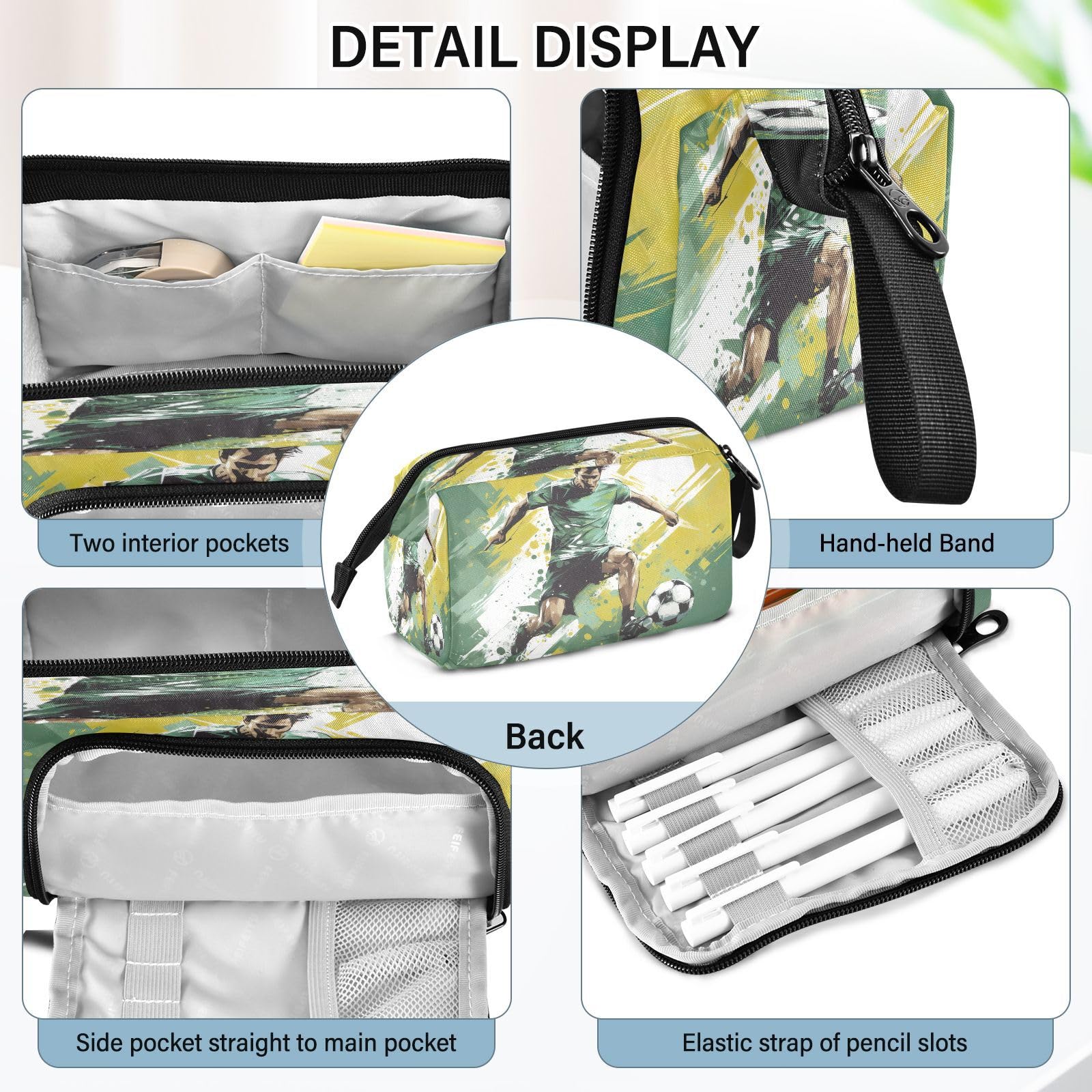 **Yellow Green Large Capacity Football Player Pencil Case - Portable Pen Organizer with Compartments for School, Office & Travel - Aesthetic Stationery Pouch for Boys, Girls, Teens & Adults**