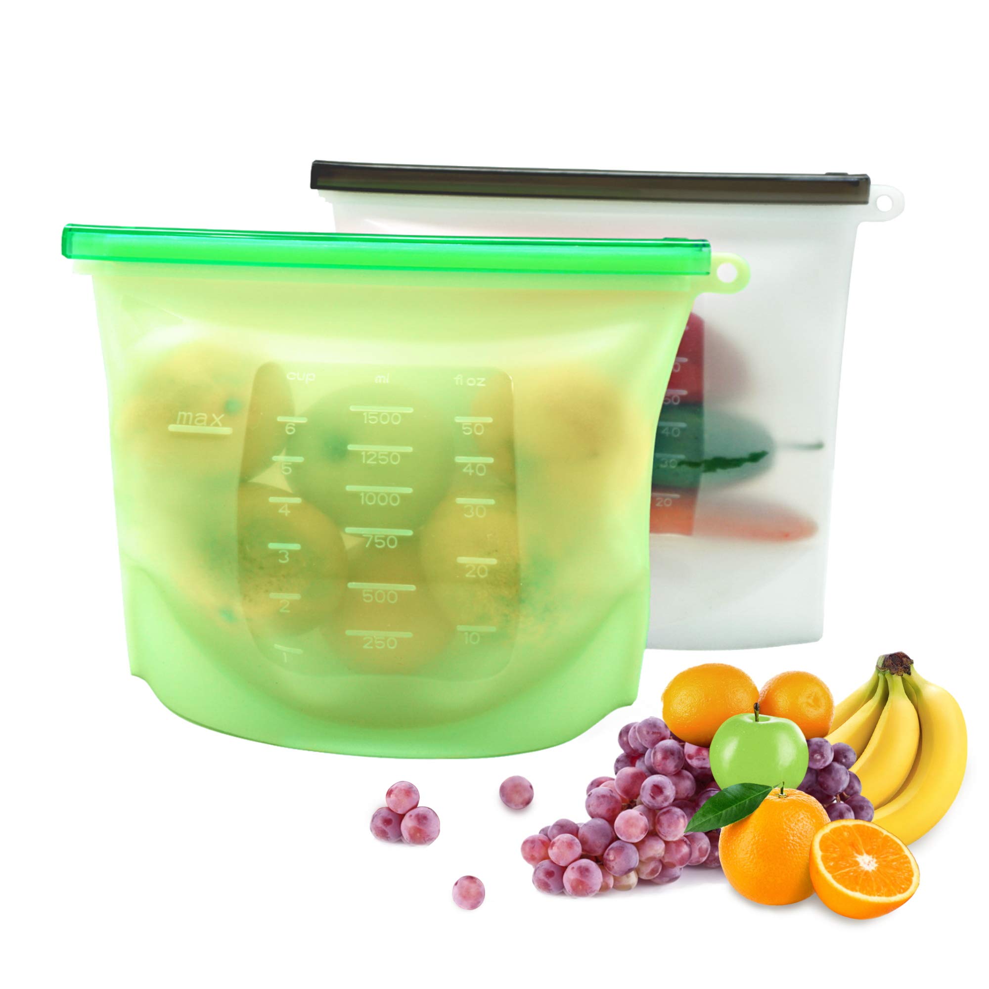 Eco-Friendly Reusable Silicone Food Storage Bags Set - 2000ml & 1500ml Leakproof Freezer Bags for Meal Prep, Snacks & Sous Vide | BPA-Free, Dishwasher Safe