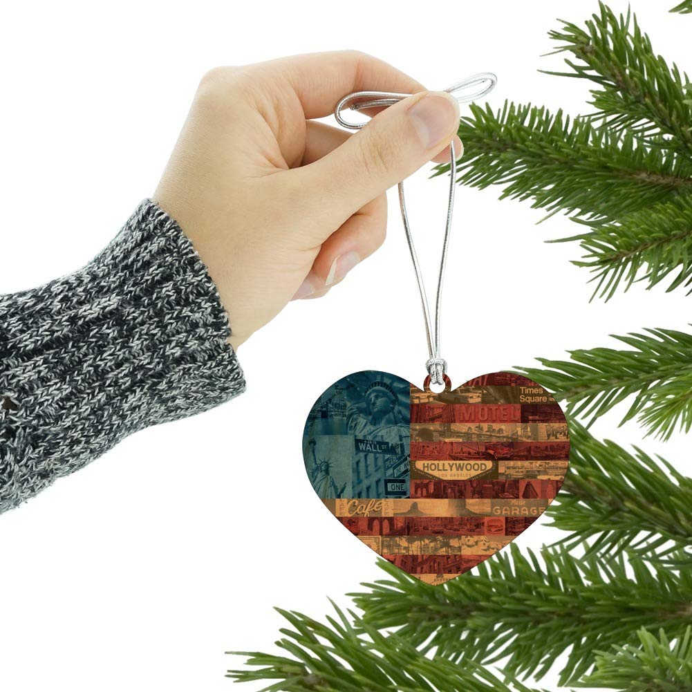 American Flag Patriotic USA Collage Heart Love Wood Christmas Tree Ornament - Perfect for Holiday Decor, Gift Giving & Festive Home Decorations