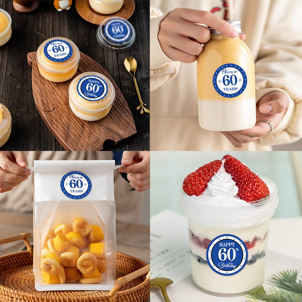 REWIDPARTY Blue 60th Birthday Stickers - 500 PCS Cheers to 60 Years & Happy Birthday Rolls - Perfect for Milestone Celebrations, Party Decorations & Gift Wrapping