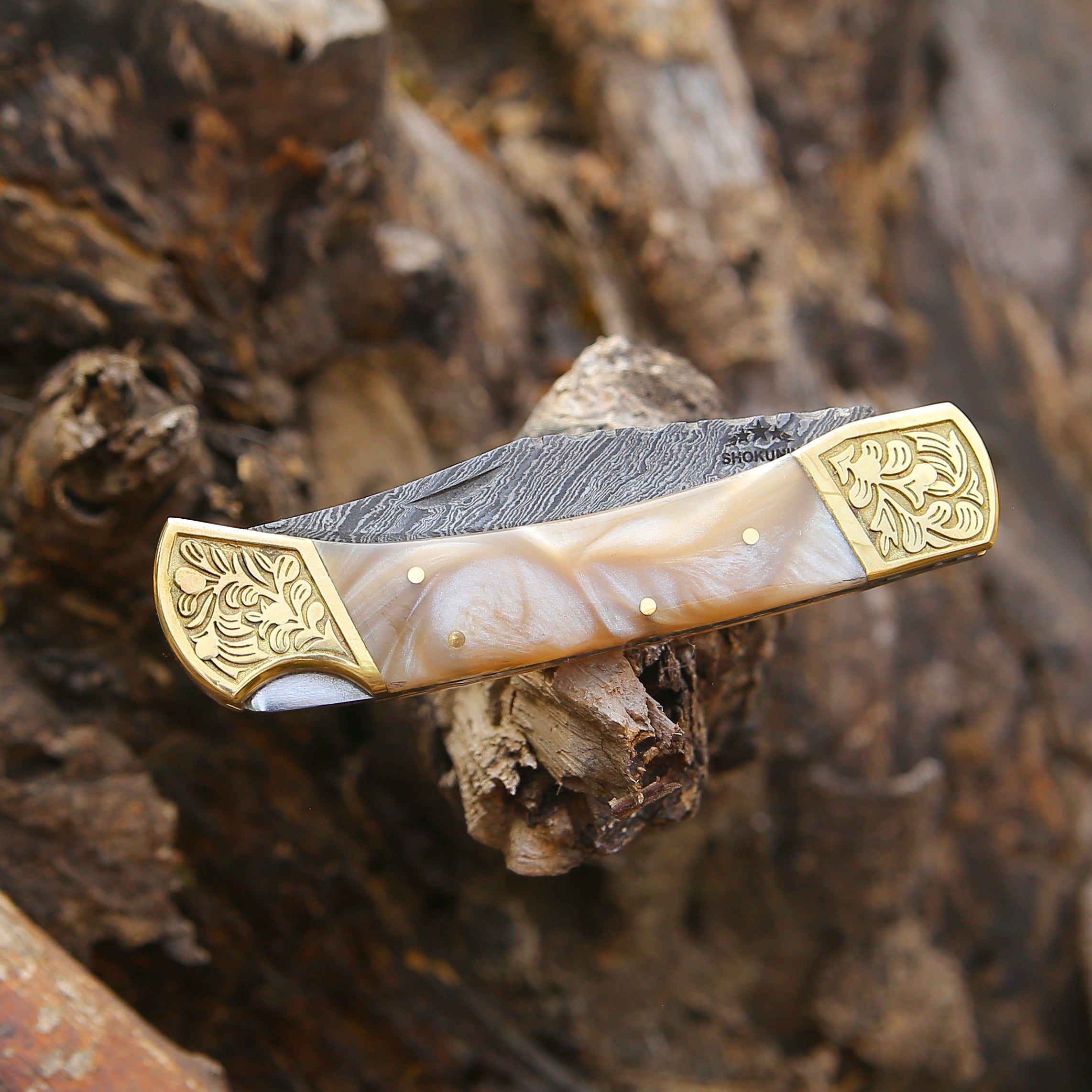 Premium Handmade Damascus Steel Pocket Knife - Thunderblade Folding Knife with Genuine Leather Sheath & Mother of Pearl Resin Handle - Perfect for Camping, Hunting, Outdoor Adventures & Everyday Carry (EDC)