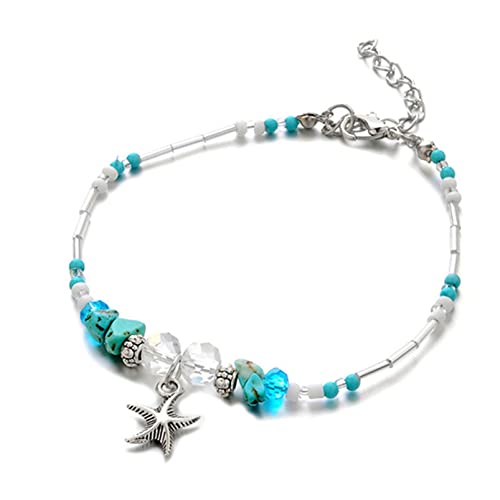 Bohemian Style Women's Beaded Turquoise Crystal Starfish Anklet - Adjustable Summer Beach Foot Chain Bracelet in Sky Blue | Perfect for Vacation, Festival, and Boho Fashion Accessories