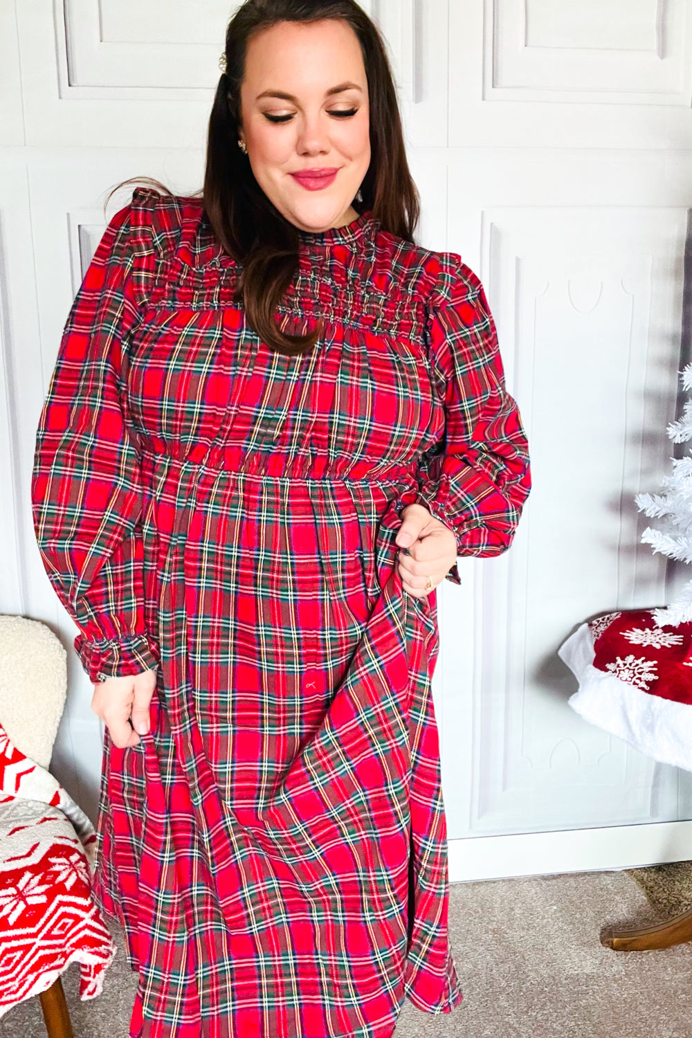 Hunter Red Plaid Check Woven Pocketed Dress for Women | Casual & Party Wear | Perfect for Fall, Winter & Holiday Outfits