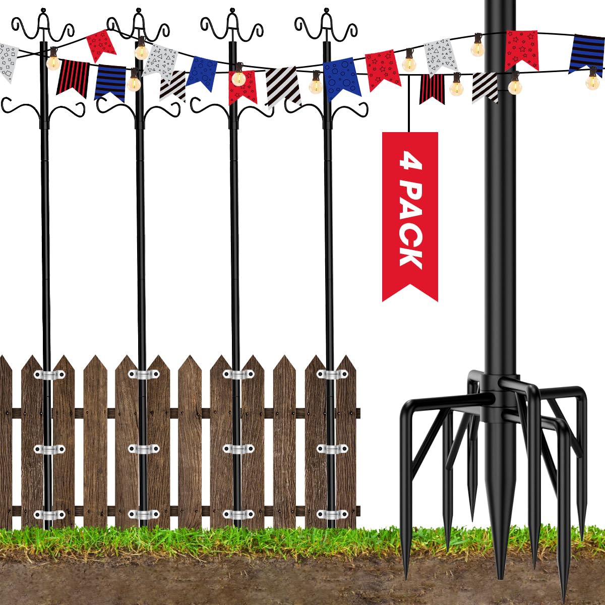 9FT Outdoor String Light Poles with Hooks - Heavy Duty Metal Stand for Patio, Deck, Backyard & Balcony Lighting | Perfect for Hanging String Lights, Lanterns, Bird Feeders & Plant Baskets (4 Pack) - Weather Resistant for Year-Round Use