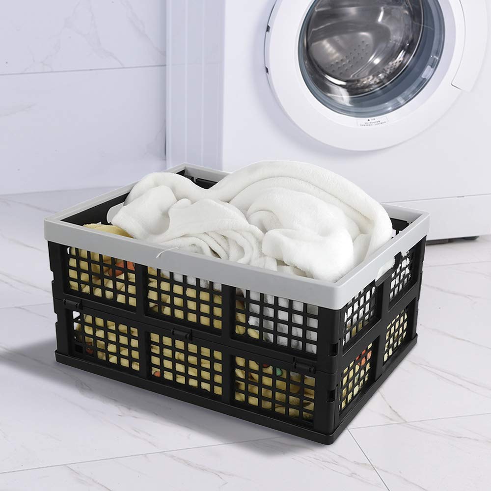 Kekow 28L Black Plastic Collapsible Storage Basket - 3-Pack Foldable Crates for Home Organization, Laundry, Toys & Closet Storage | Space Saving Design for Small Spaces