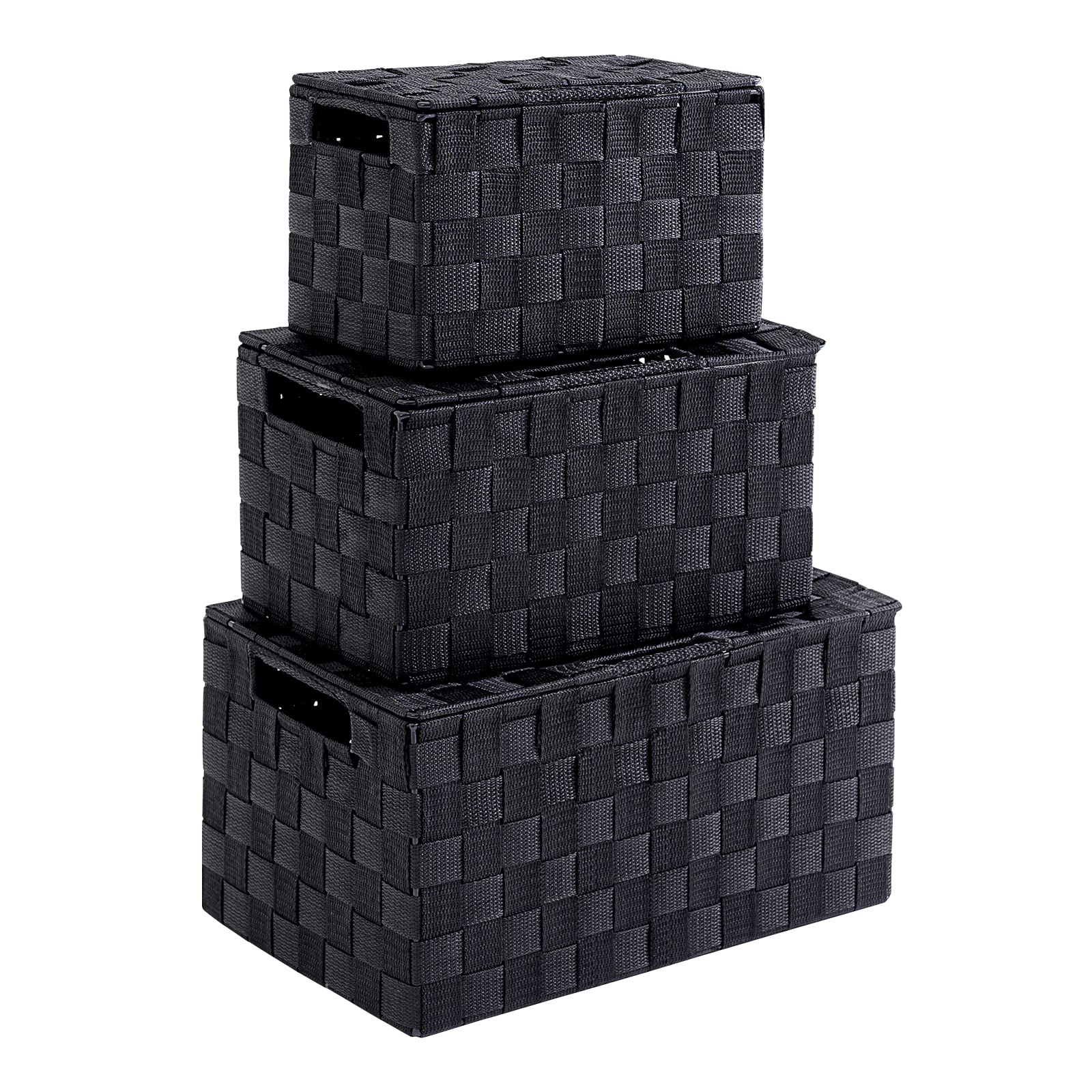 Harrage Wicker Basket with Lid - 3 Pack Storage Bins with Lids, Decorative Storage Baskets for Shelves, Closet, Clothes, Toys & Books | Perfect for Home Organization, Nursery, Bathroom & Laundry Room (Black)