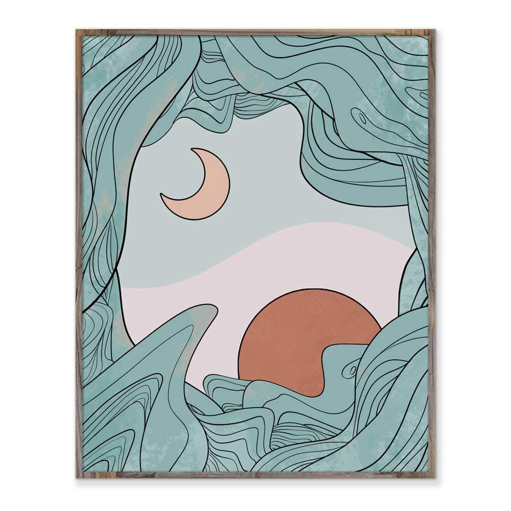 Abstract Sun and Moon Landscape Wall Art Print - Beach Sea Waves Decor - Ocean Waves Painting - Frameless 8x10 Inch - Perfect for Living Room, Bedroom & Office Wall Decor
