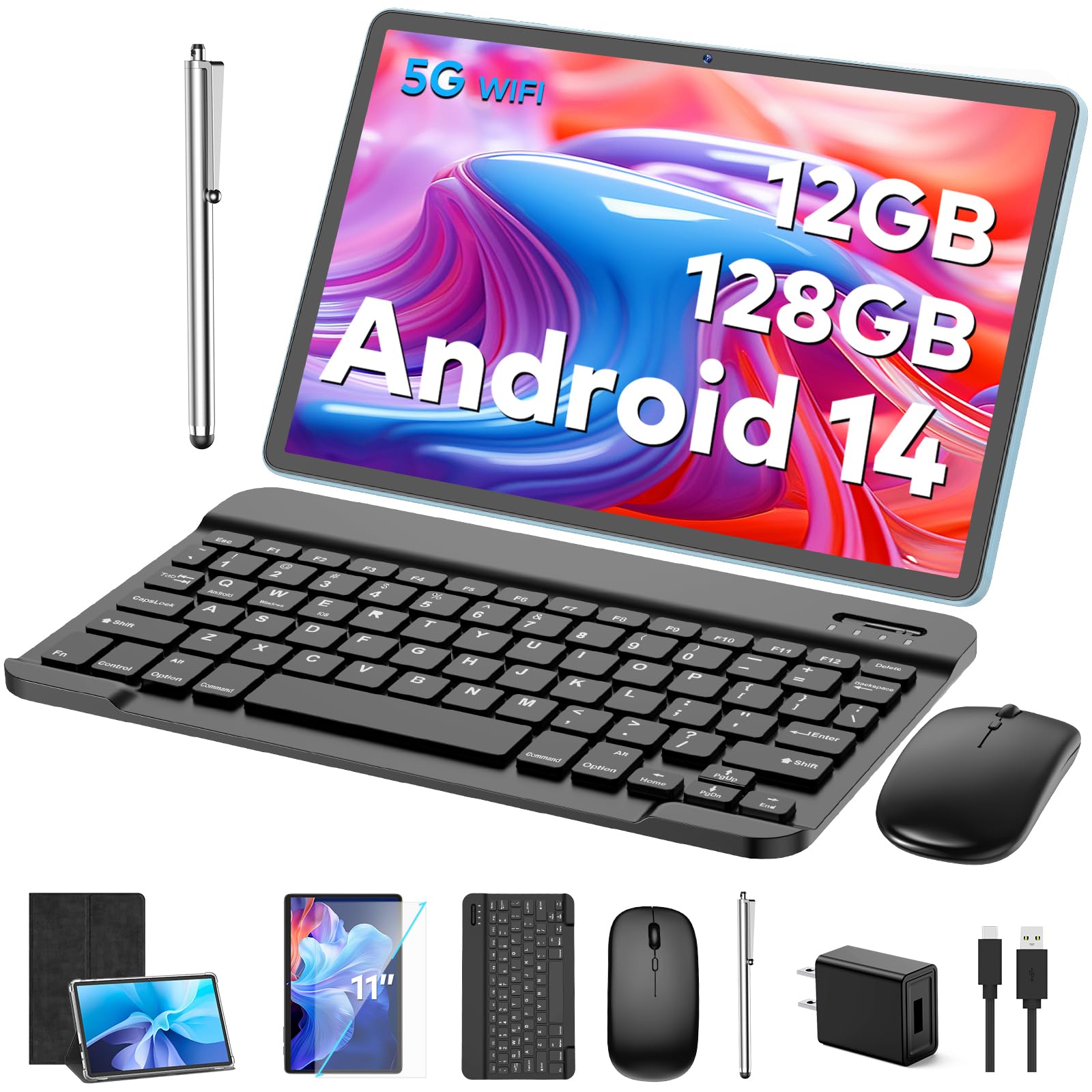 11 Inch Android 14 Tablet with Keyboard - 12GB RAM 128GB Storage (Expandable to 1TB), 8000mAh Battery, Dual Camera (5MP+13MP), Dual-Band WiFi, IPS Touchscreen - 2-in-1 Convertible Tablet with Protective Case, Wireless Mouse & Stylus (Black) | Perfect for Work, Study, Streaming & Travel