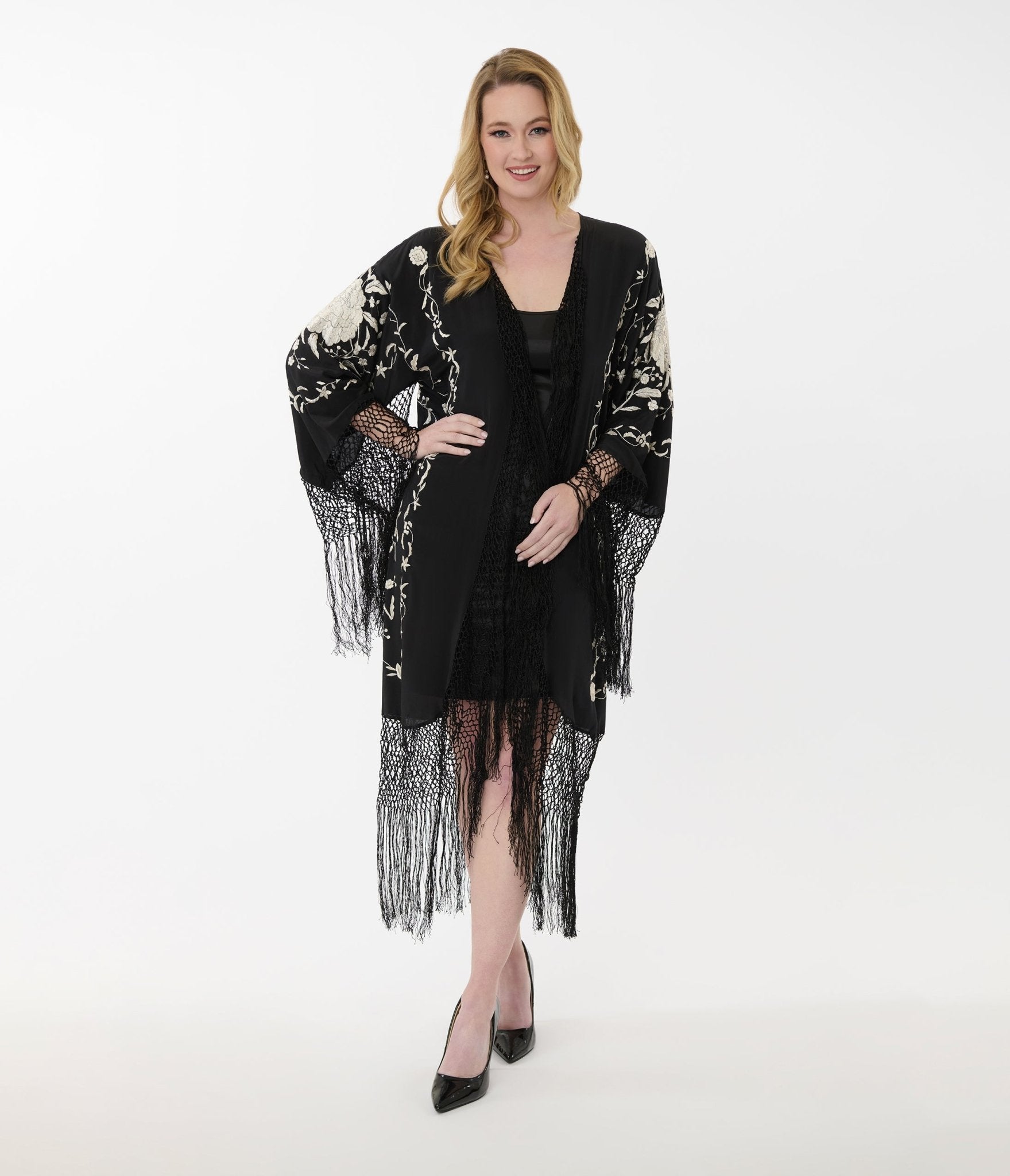 1920s Vintage Black Silk Scarf with Cream Floral Embroidery & Fringe - Elegant Shawl Wrap for Evening Dresses, Weddings & Gatsby-Themed Parties