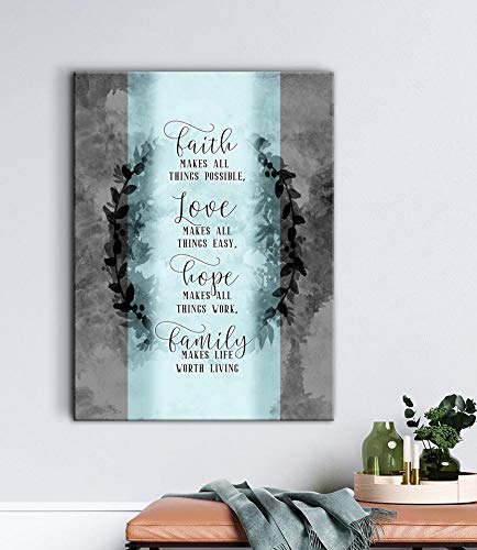 Faith Makes All Things Possible - Motivational & Inspirational Christian Wall Art Canvas Print, Positive Quote Home Decor for Living Room, Bedroom, Office (30x40 Inch, Light Teal)