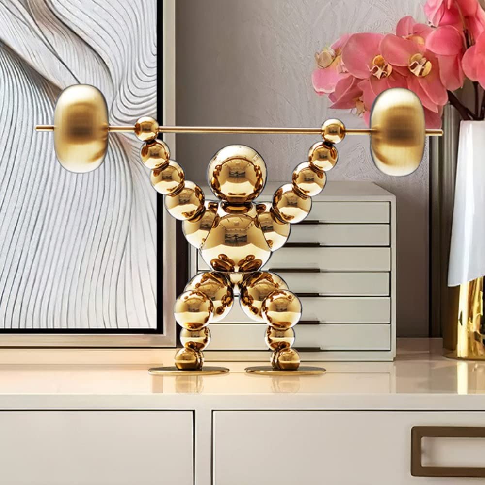 Gold Weightlifting Sculpture - Modern Stainless Steel Office & Gym Decor - Unique Gifts for Bodybuilders & Fitness Enthusiasts - Perfect for Home Gym, Man Cave, or Work Desk Decoration