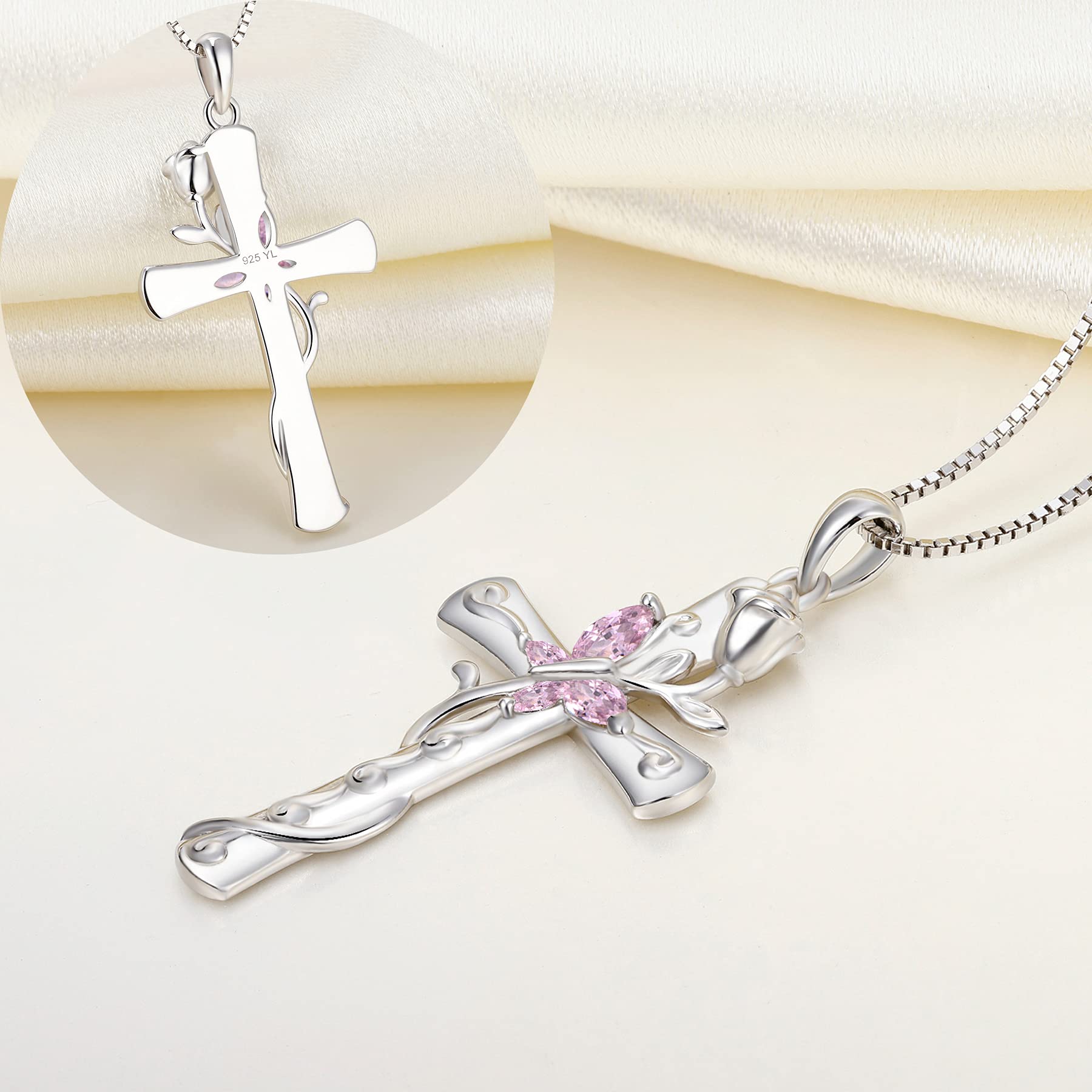 YL Butterfly Cross Necklace - Sterling Silver Rose Flower Pendant with Birthstone, Elegant Jewelry Gift for Women, Perfect for Valentine's Day, Anniversary & Special Occasions
