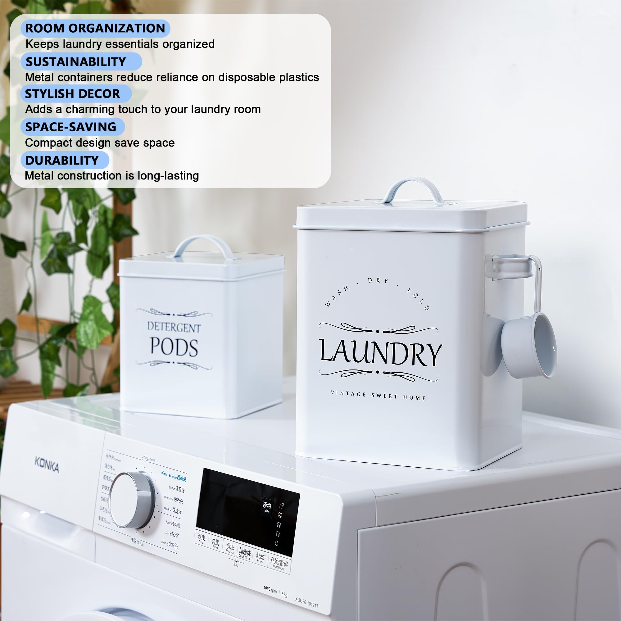 Meraki Home 2-Pack Laundry Detergent Container Set with Scoop - Storage Organizer for Detergent Sheets & Pods - Glossy White Laundry Room Organization - Perfect for Small Spaces & Apartment Living