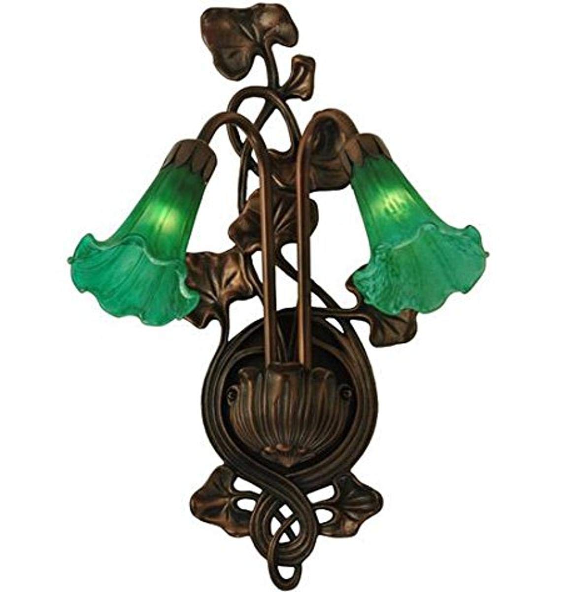 Meyda Tiffany 17092 Pond Lily 2 Light Wall Sconce - 11 Inch Wide Green Stained Glass Fixture for Bedroom, Hallway & Living Room Lighting Decor