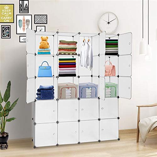 20-Cube Stackable Plastic Storage Organizer - Modular Closet Cabinet with Hanging Rod, White | Space-Saving Shelving Unit for Bedroom, Closet, Office & Kids Room Organization