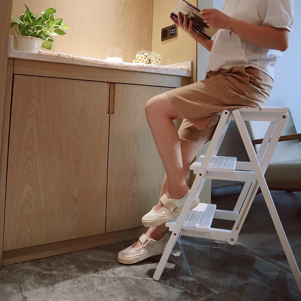 **Adjustable Wooden Folding Step Stool - 3 Height Levels for Kitchen, Bathroom & Home Use - Solid Wood Construction - Safe & Sturdy Step Ladder for Adults & Kids**